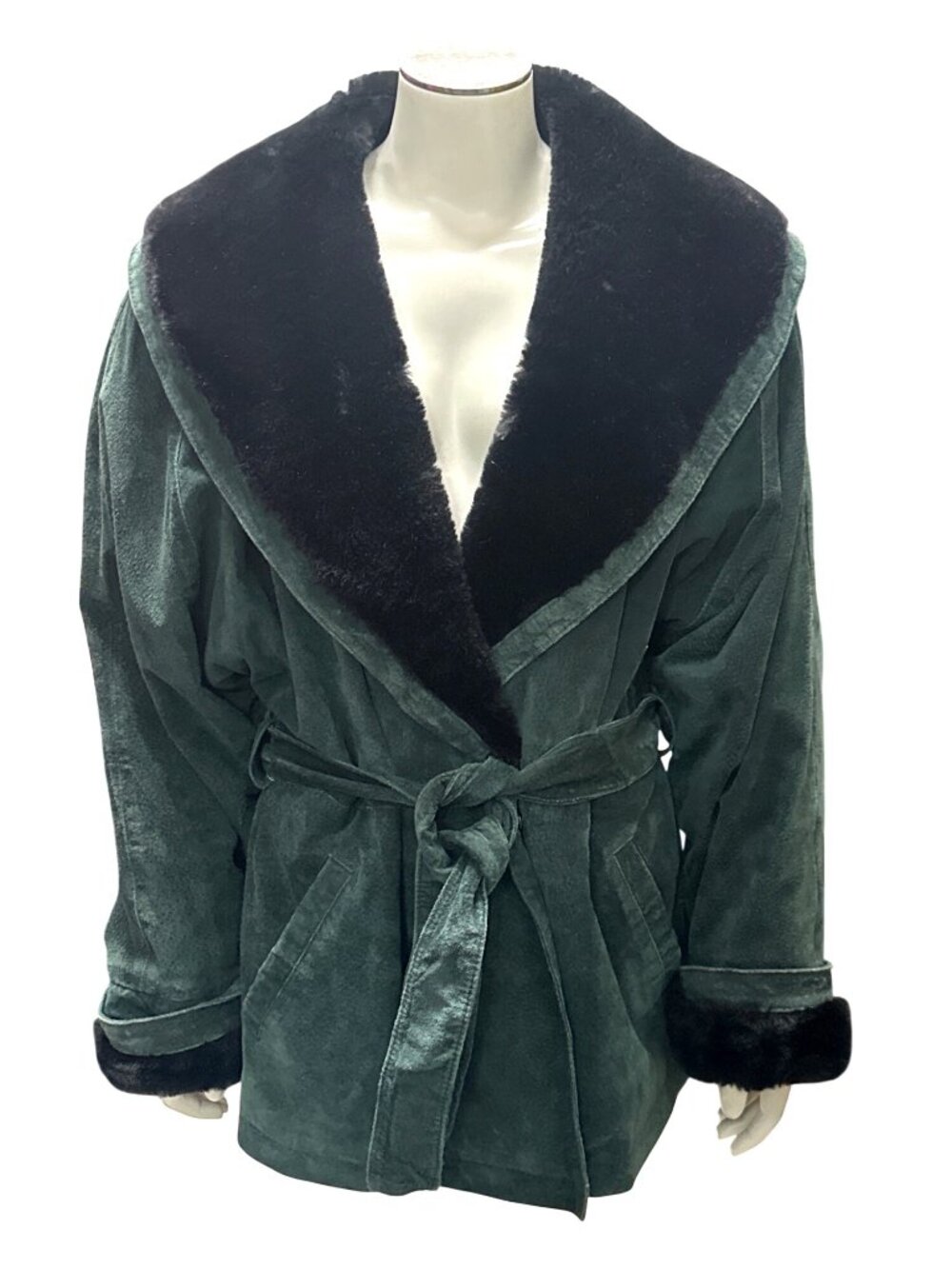 Wilsons Size L Green Suede Leather Faux Fur Shawl Collar Belted Coat Vintage Y2K - Picture 2 of 11